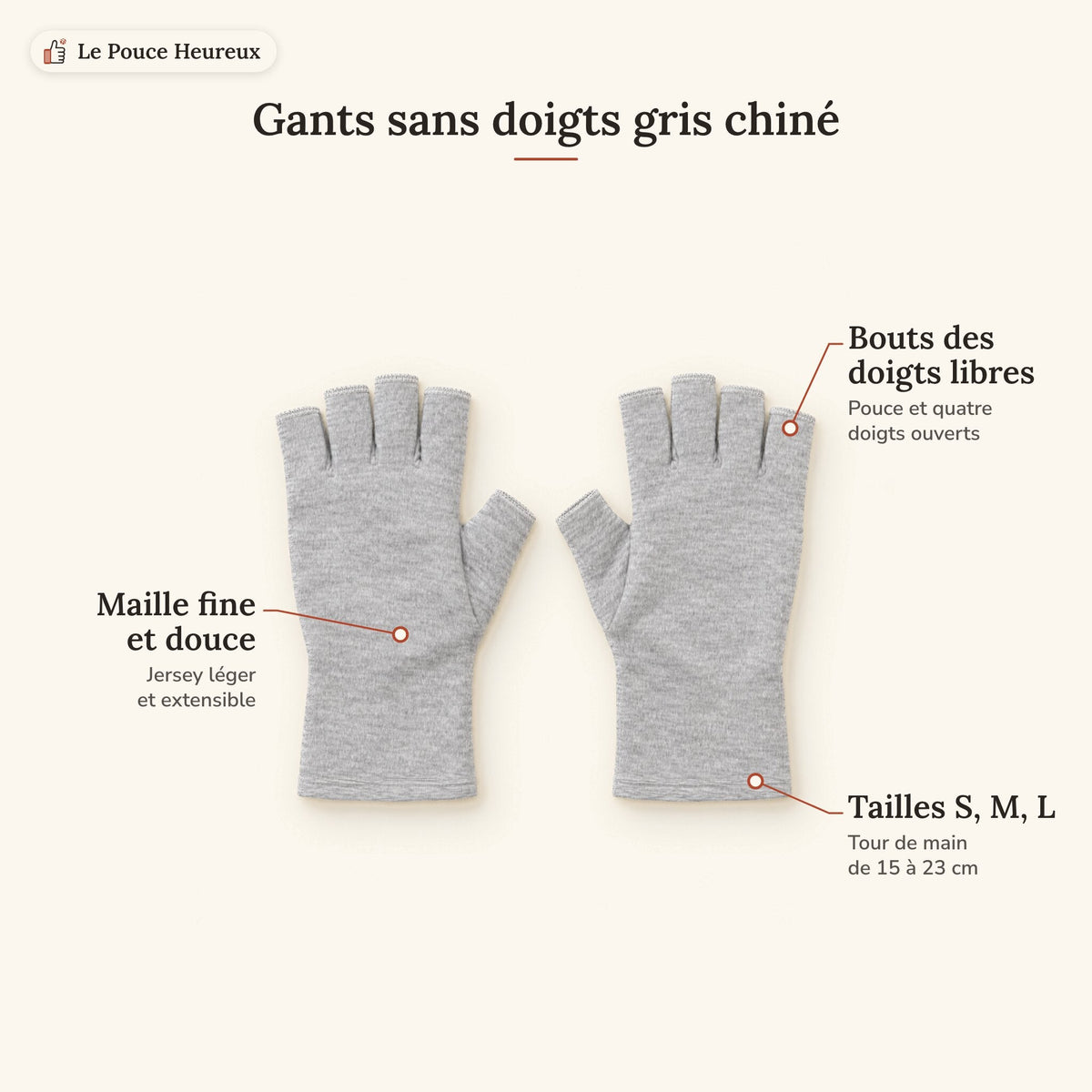 Gants de soutien sans doigts – gris (la paire)