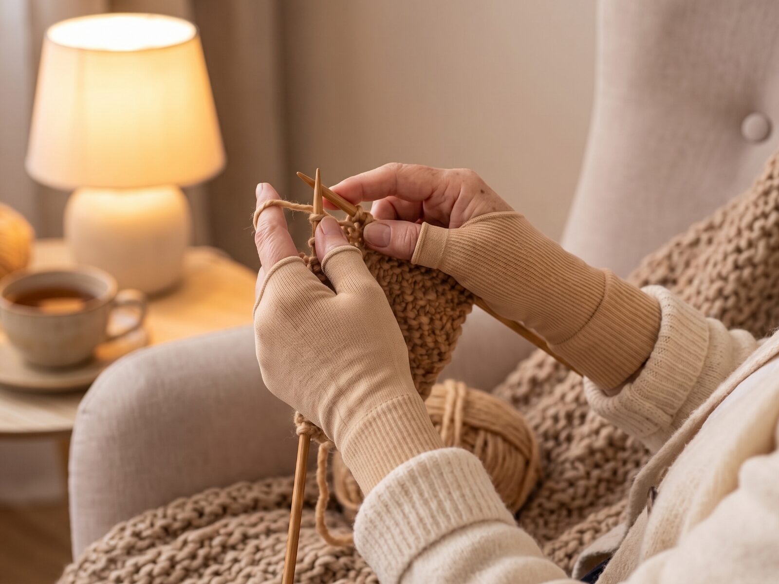 Mains qui tricotent près d’une fenêtre, avec la Mitaine Maille Libre