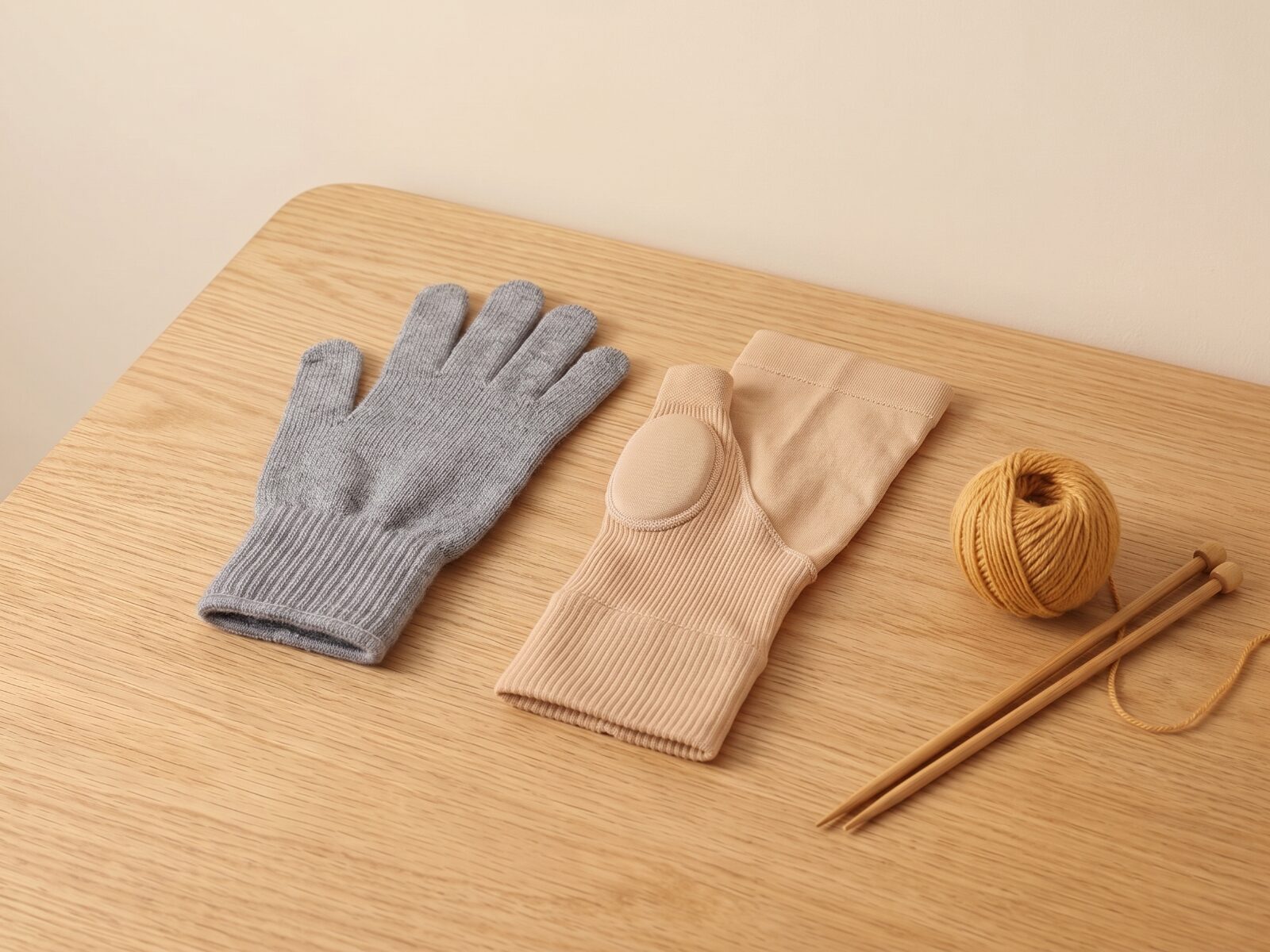 Une attelle rigide et un gant de compression posés à côté d’un tricot en cours